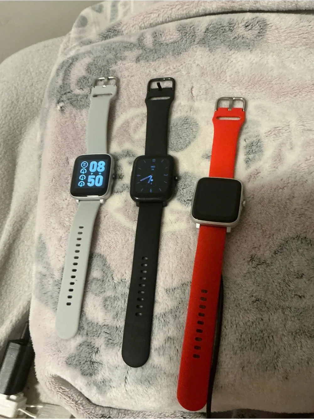 Square-Face Smartwatch with Interchangeable Light Gray, Black & Red Straps
